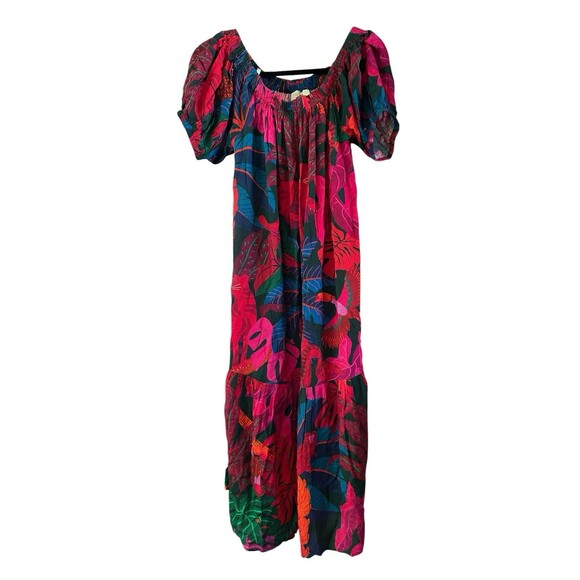 Farm Rio Off Shoulder Dress Coverup Anthropologie Tropical Leaf Tiered Siz M NEW - Picture 3 of 10